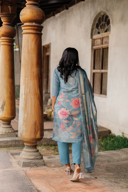 Blush Horizon Blue 3 Piece Shimmer Tissue Blend Floral Placement Print Kurta with Pant & Dupatta