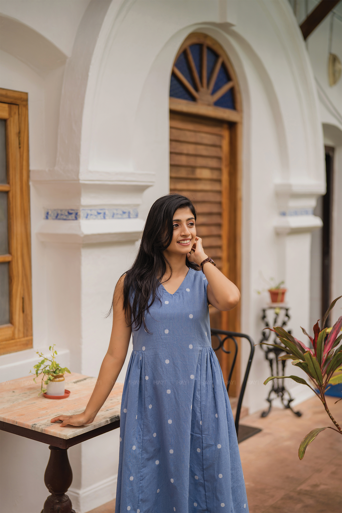 Ocean Polka Blue Handloom Cotton Dress With V Neckline