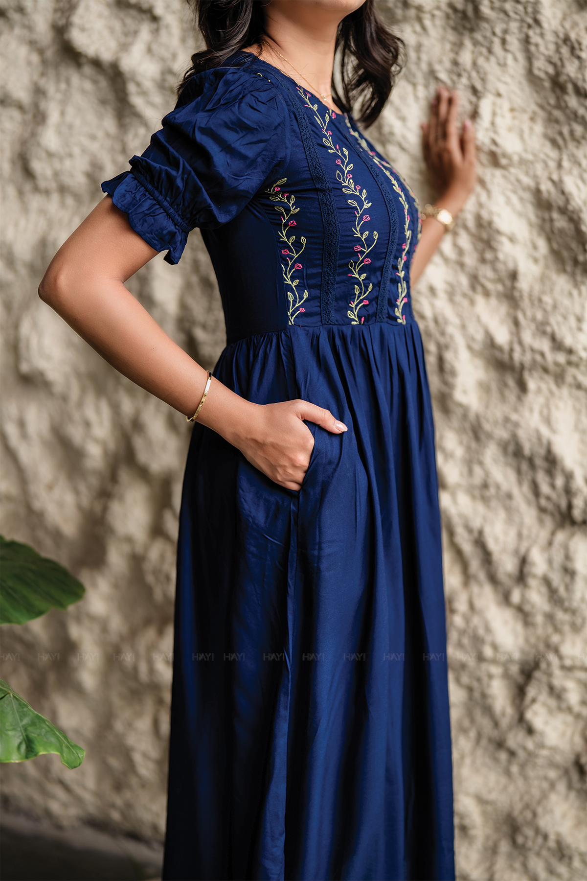 Rosevine Whisper Navy Embroidered Viscose Dress with Boat Neck & Elbow-Length Puff Sleeves