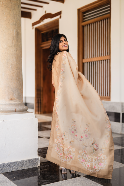Classic Natural Yellow 3-Piece Tussar Silk Blend Floral Hand-Embroidered Kurta with Pant & Dupatta