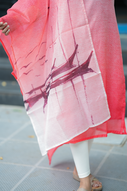 Red Sailor's Sunset printed 2 Piece Chanderi Blend Kurta with Dupatta
