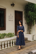 Smoke wood Blue Handloom Dress with V-Neck & 3/4th Sleeves