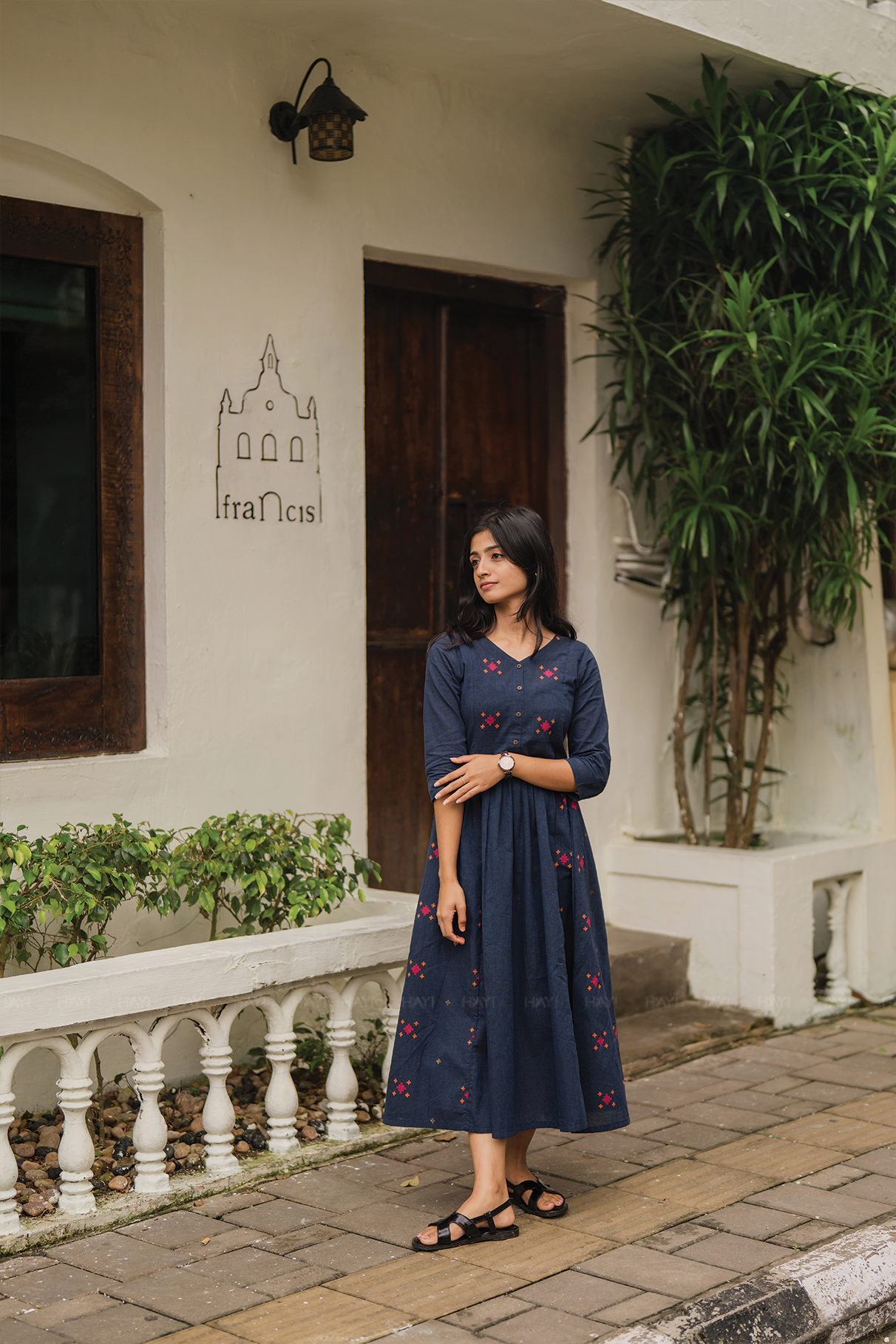 Smoke wood Blue Handloom Dress with V-Neck & 3/4th Sleeves