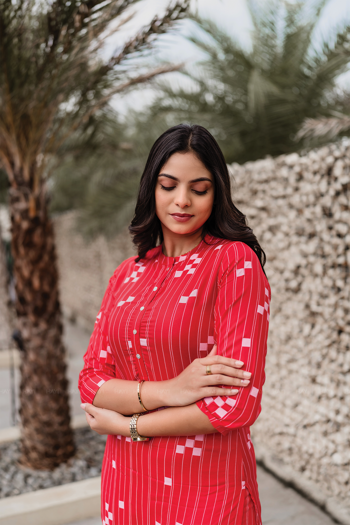 Blush Streak Red Viscose Co-ord with Chinese Collar & 3/4th Sleeves