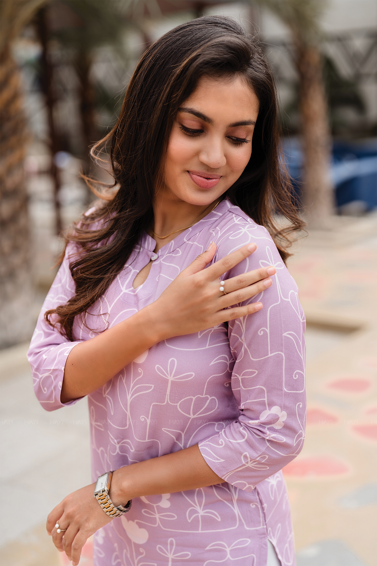 Floral Code Pink Viscose Kurti with Chinese neck with Keyhole & 3/4th Sleeves