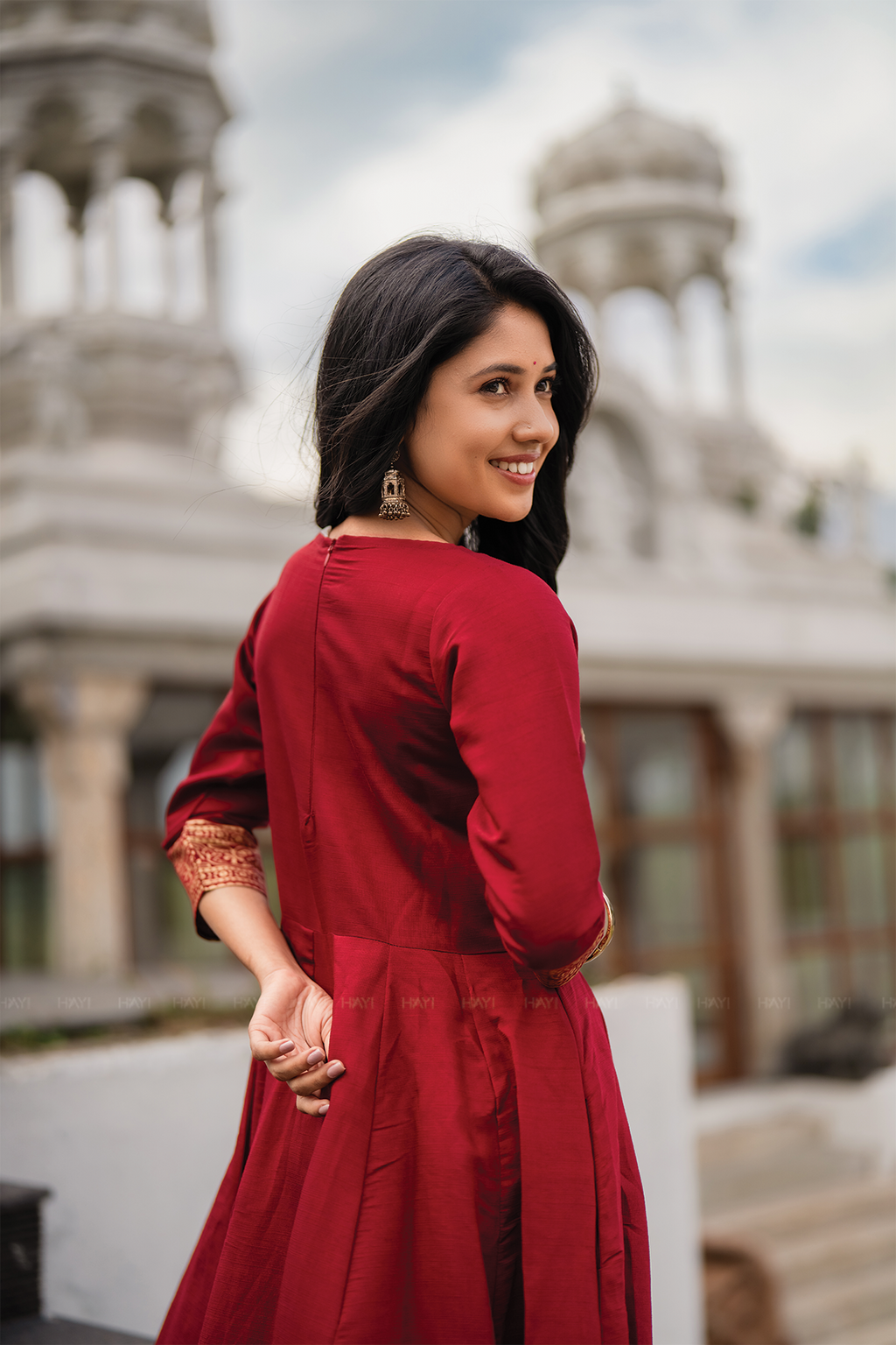 Palm Lustre Deep Red Viscose Placement Print Embroidered Anarkali with Round Neck & 3/4th Sleeves