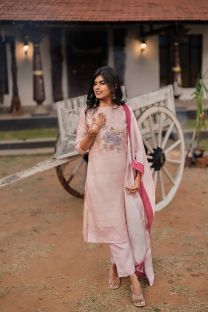 Rose Mist Light Pink 3 Piece Tussar Silk Blend Floral Embroidered & Printed Kurta with Pant & Dupatta