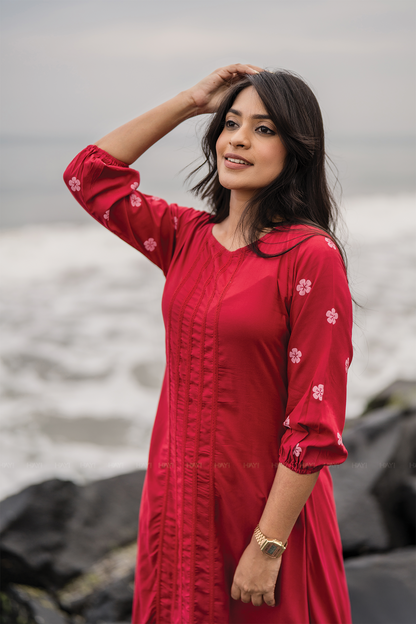 Lava Red with Lacey Daisy printed Viscose A-line Dress