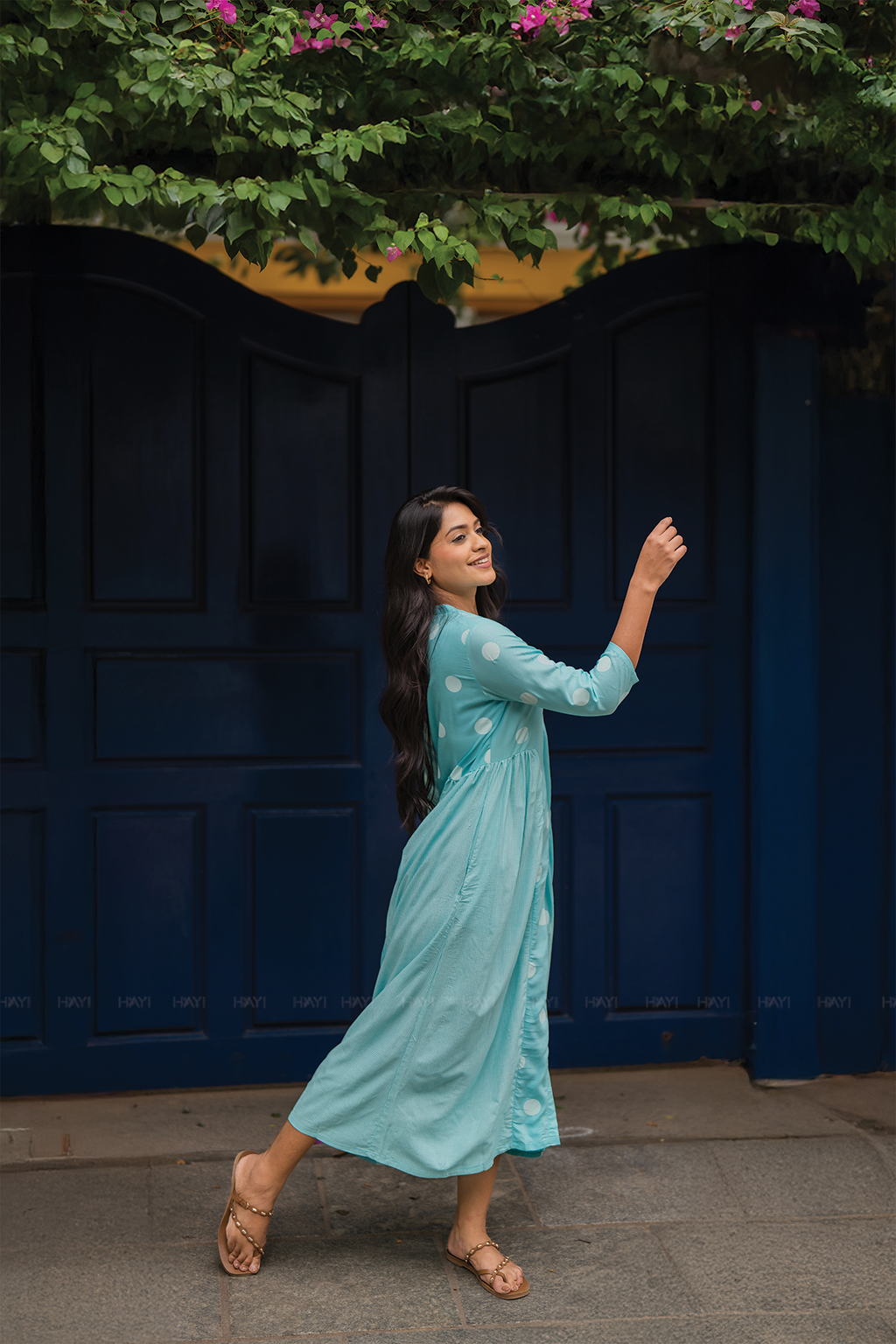 Fog Blue with Mist Pleats printed Viscose A-line Dress