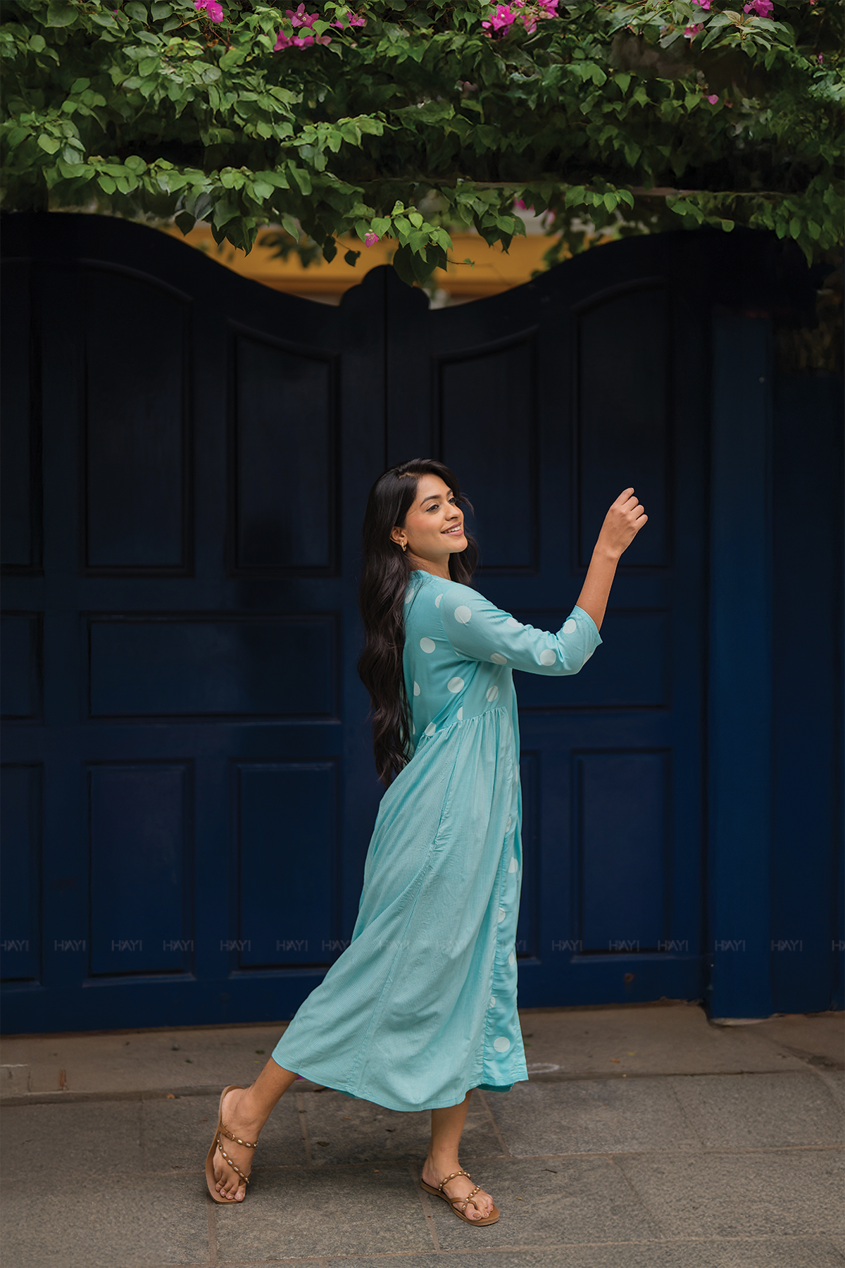 Fog Blue with Mist Pleats printed Viscose A-line Dress