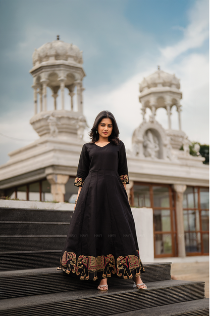 Elephora Black Viscose Foil Printed Anarkali with V-Neck & 3/4 Sleeves