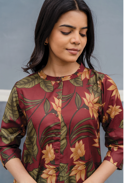 Terra Red with Earthy Boho floral printed Linen Blend Co-ords