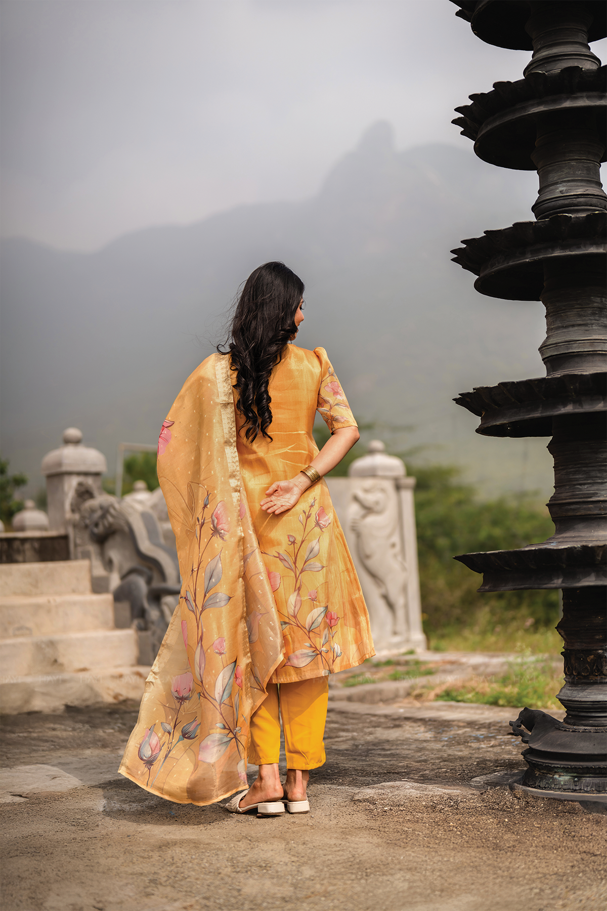 Floral Silkshine Yellow 3 Piece Shimmer Tissue Blend Floral Placement Printed Kurta with Pant & Dupatta