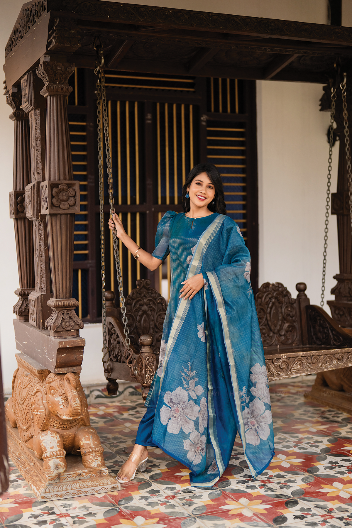 Lagoon Petals 3 Piece Peacock Blue Organza Printed Kurta with Pant & Dupatta