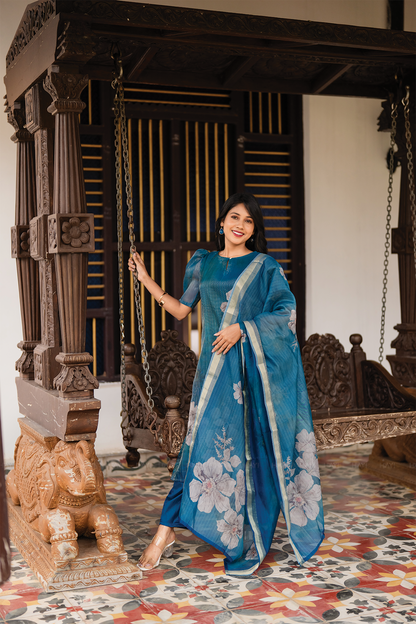 Lagoon Petals 3 Piece Peacock Blue Organza Printed Kurta with Pant & Dupatta