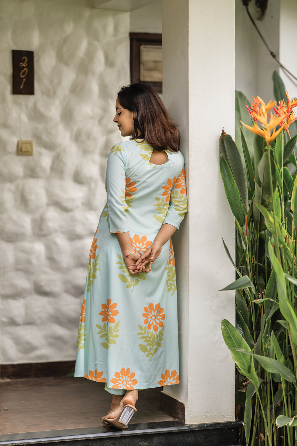 Aacral Blossom Blue Viscose co-ord with Boat Neck & Floral Print