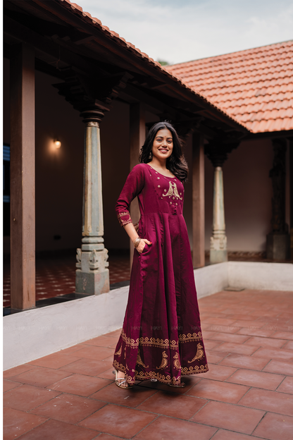 Birdveil Plum Viscose Placement Print Embroidered Anarkali with Round Neck & 3/4th Sleeves