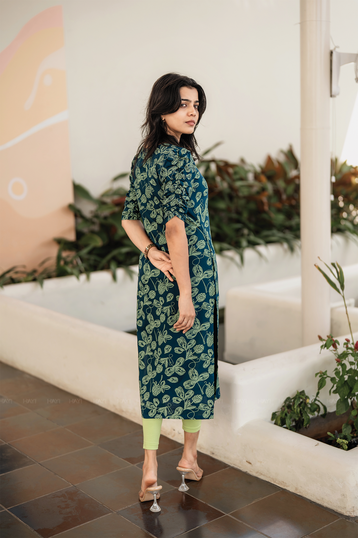 Pinecone Teal Blue Viscose Blend Kurti with Pot Neck & Puff Sleeves