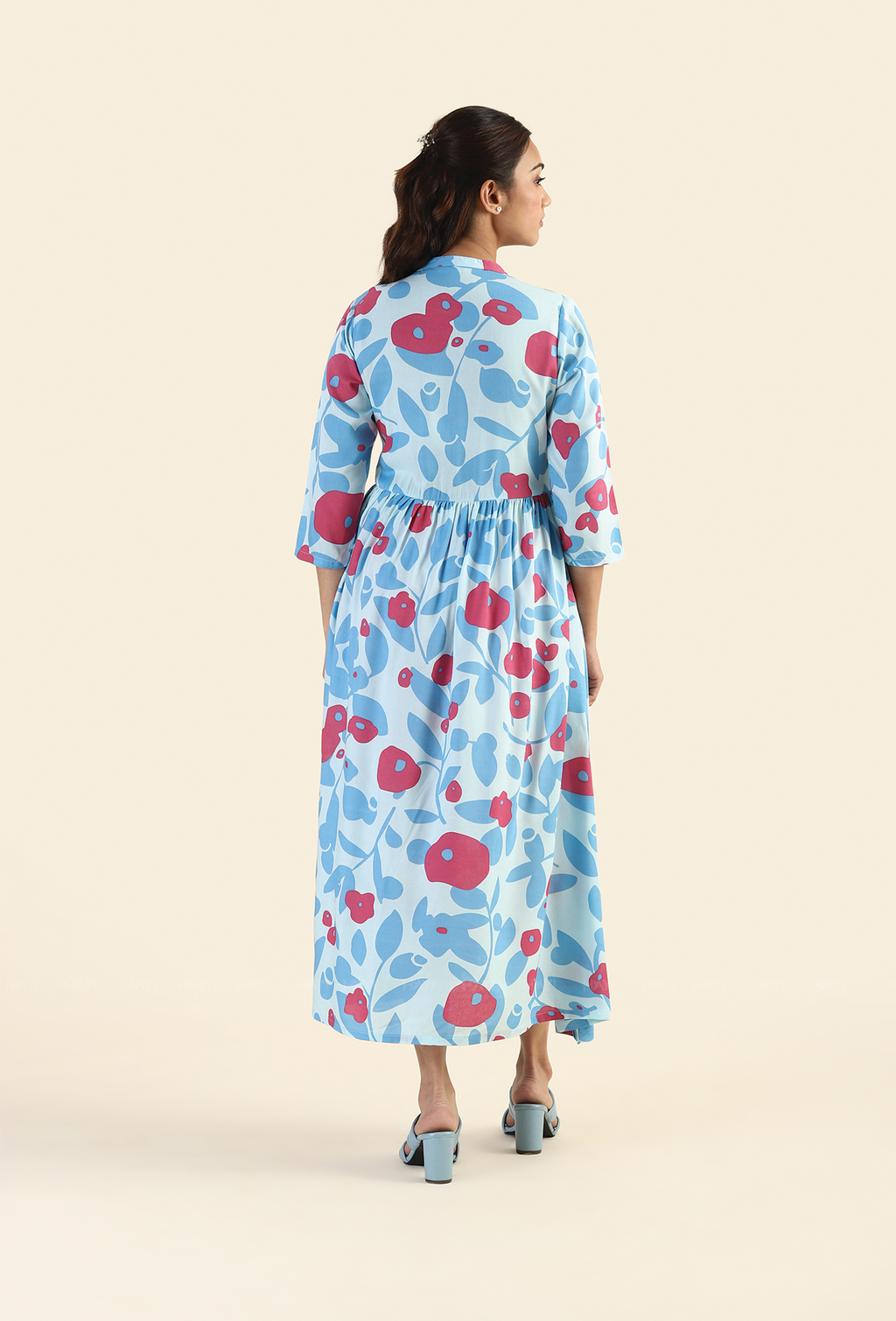 Shuttered Blue Fragmented Flowers Printed Viscose Dress