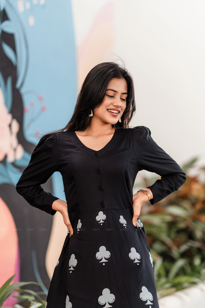 Clover Black Viscose Dress with V-Neck and Light Puff Sleeves