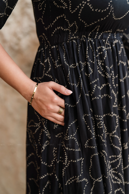 Dusklure Black Viscose Dress with Boat Neck & 3/4th Sleeves