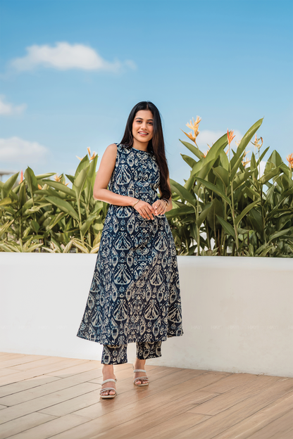 Rustic Royal Blue Cotton Co-ord with Close Neck