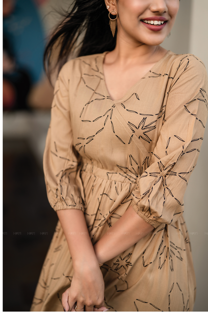 Lil Breeze Beige Viscose Dress with V-Neck & 3/4th Sleeves