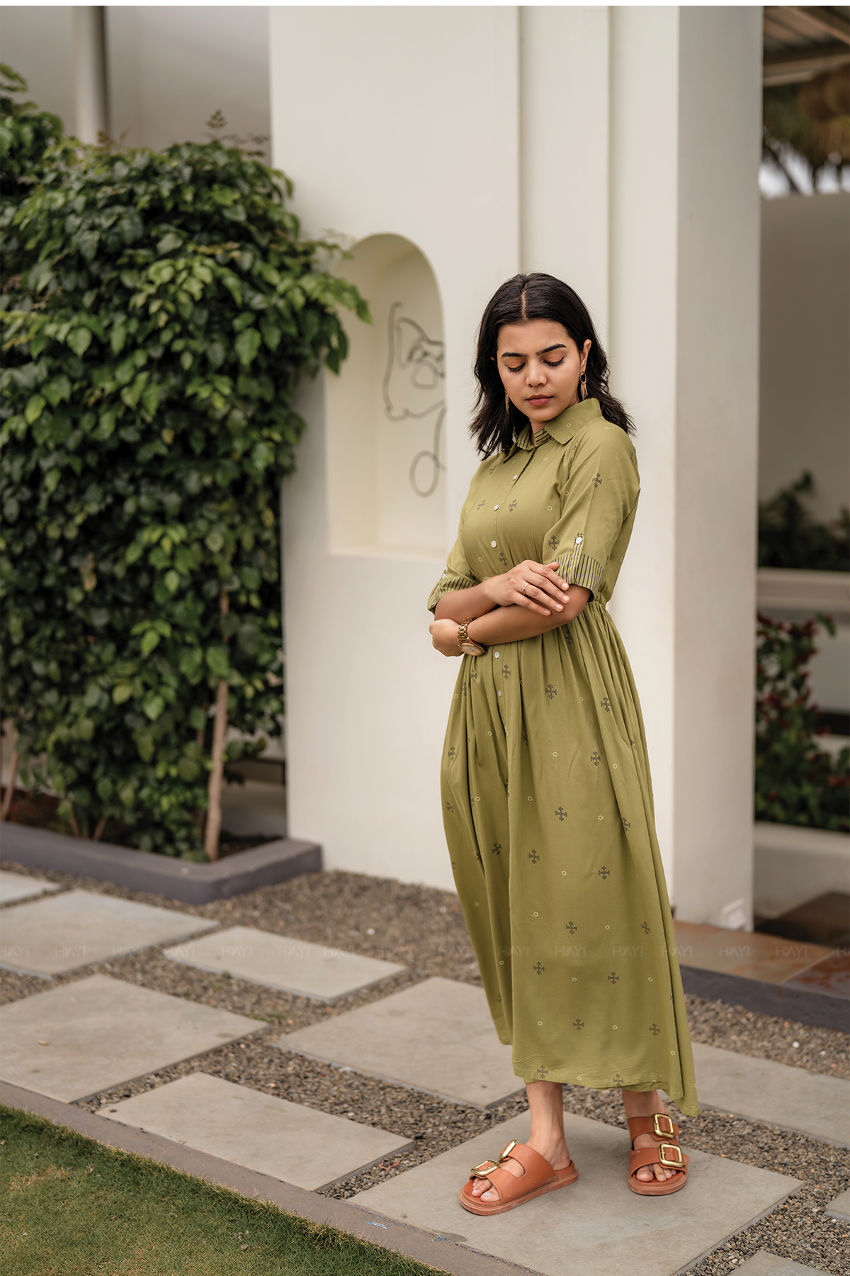 Goldenrod Green Viscose Dress with Shirt Collar & Elbow Sleeves