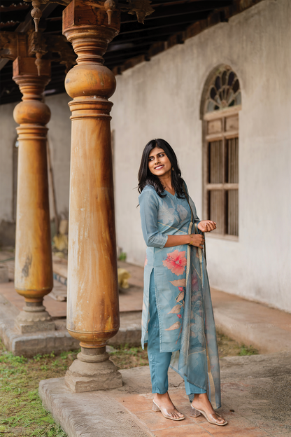 Blush Horizon Blue 3 Piece Shimmer Tissue Blend Floral Placement Print Kurta with Pant & Dupatta