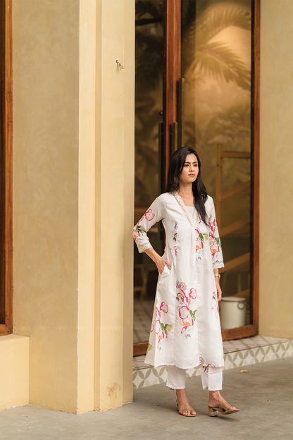 Pastel Floral Dream Off-White Linen Blend Co-ord with V-Neck & Lace