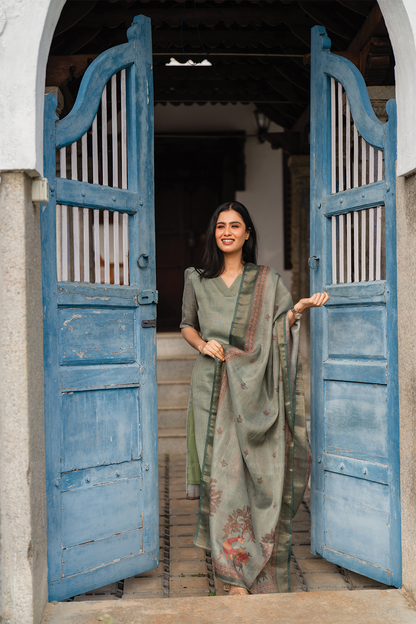 Mirga Green 3 Piece Linen Blend Printed Kurta with Pant & Dupatta
