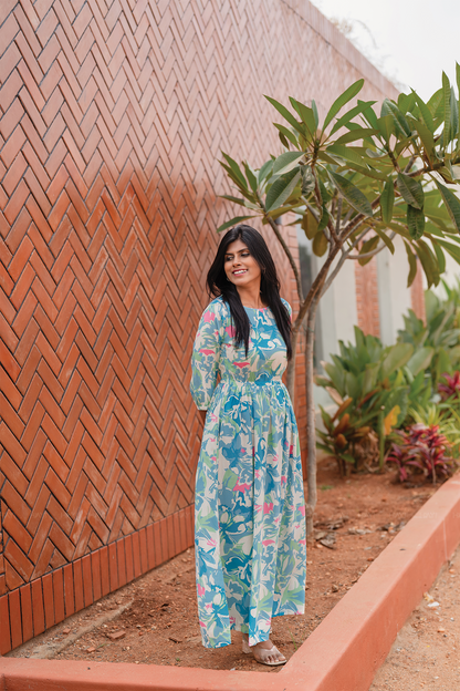 Coastal Bloom Blue Viscose Dress with Boat Neckline & 3/4th Sleeves