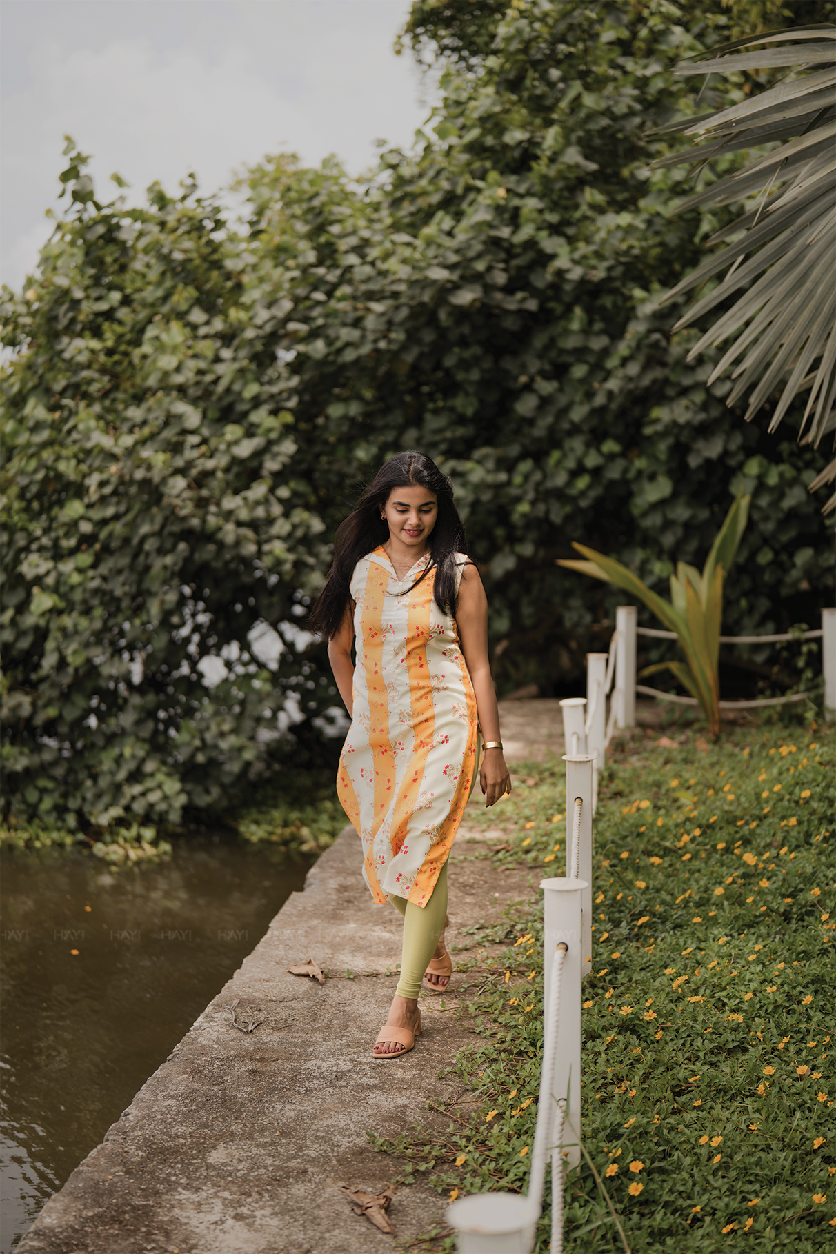 Sylan Yellow with Sunshine floral printed Linen Blend Kurta with attached 3/4th Sleeves