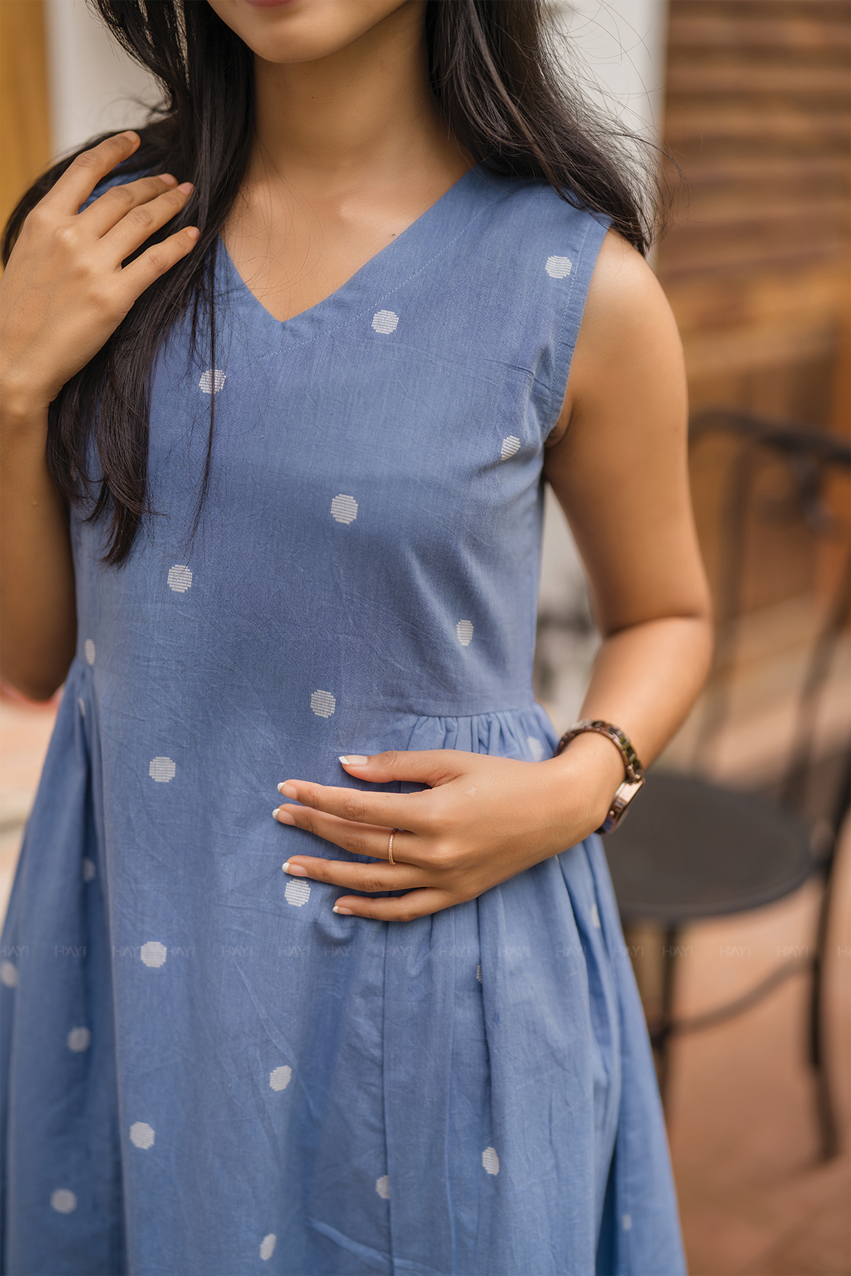 Ocean Polka Blue Handloom Cotton Dress With V Neckline