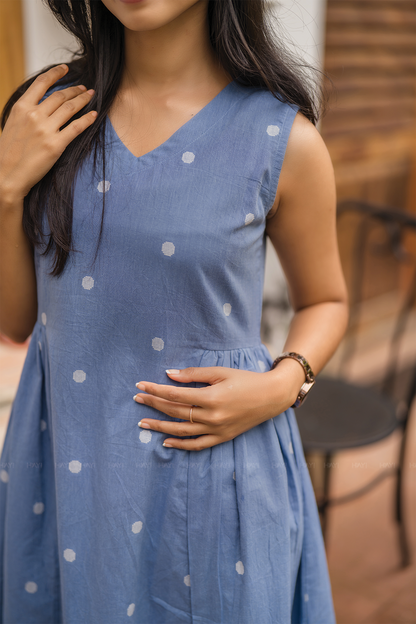 Ocean Polka Blue Handloom Cotton Dress With V Neckline