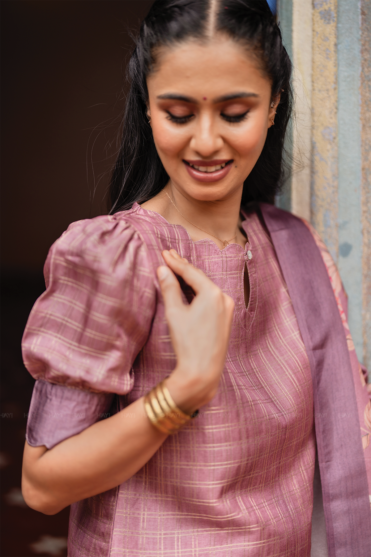 Dusky Pink Satin Daman 3 Piece Silk Check Blend Floral Printed Kurta with Pant & Dupatta