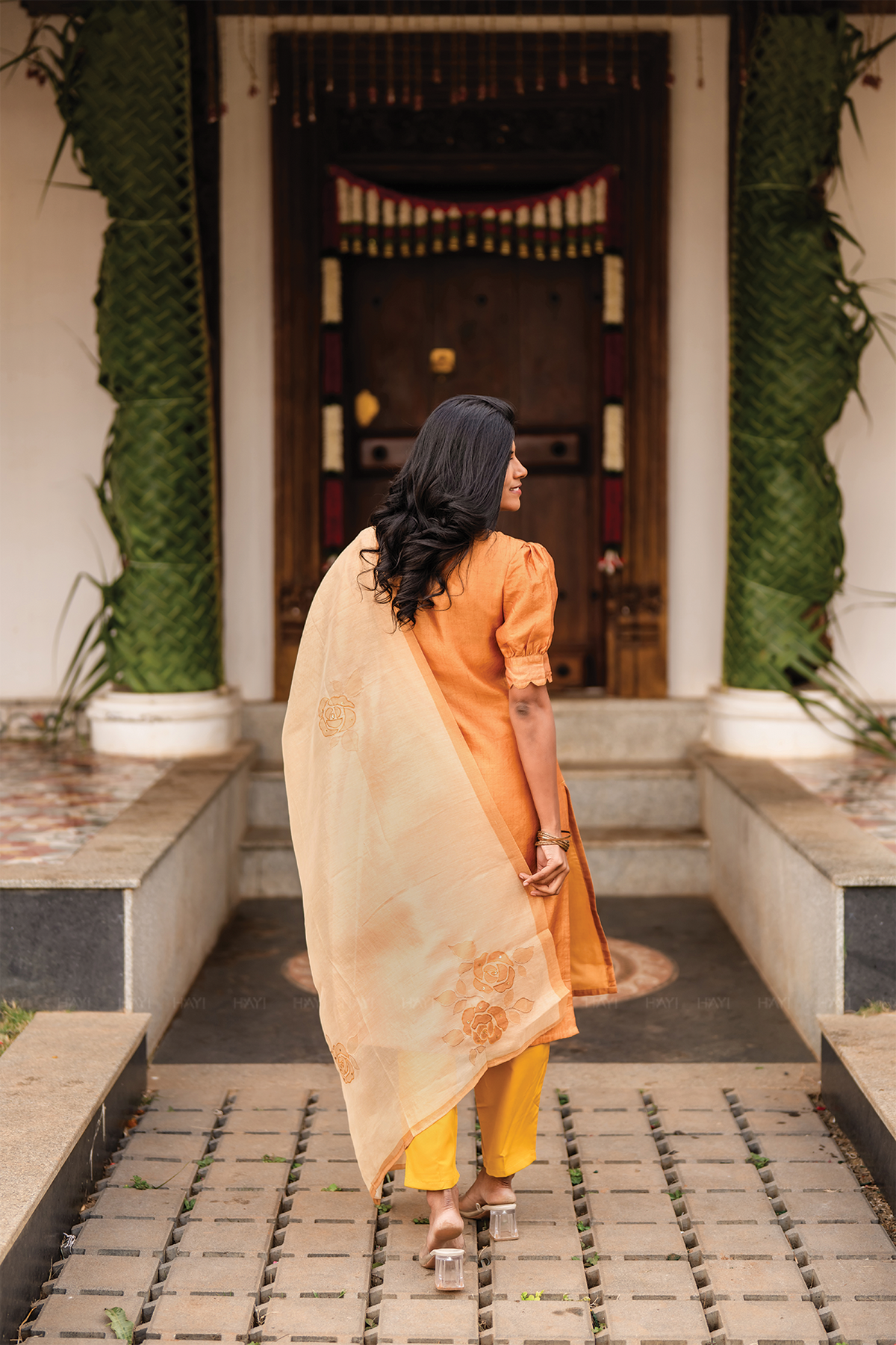 Aurel Yellow 3 Piece Tussar Silk Blend Printed Kurta with Pant & Dupatta