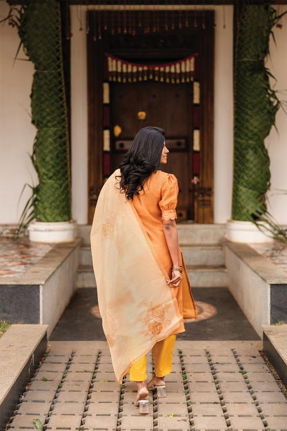 Aurel Yellow 3 Piece Tussar Silk Blend Printed Kurta with Pant & Dupatta