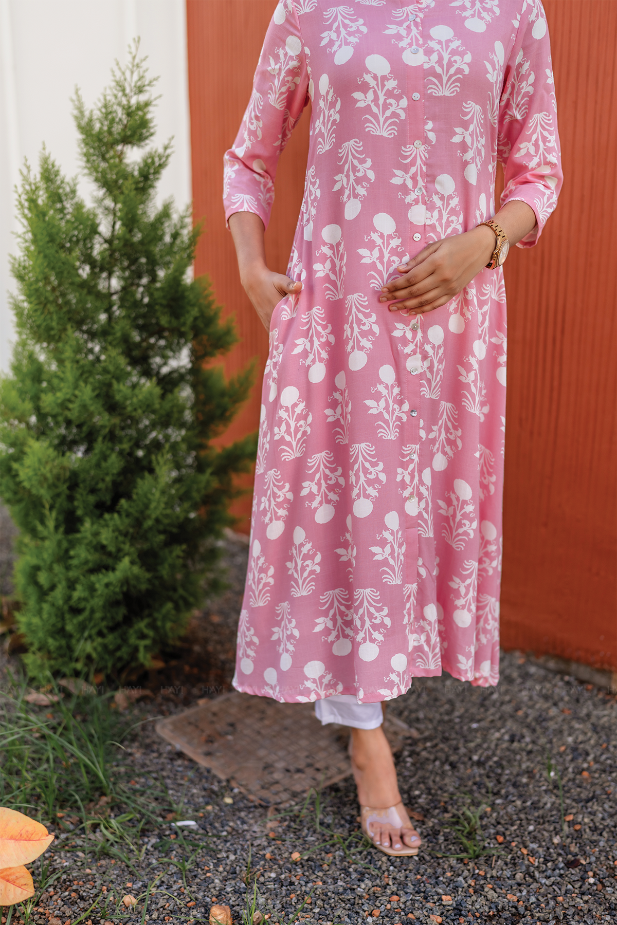 Blush Tale Pink A-line Dress with Chinese Collar & 3/4th Sleeves
