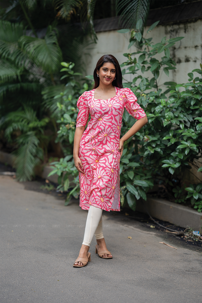 Floral Dream Pink Viscose Kurta with Sweetheart Neck & Leg-O-Mutton Sleeves