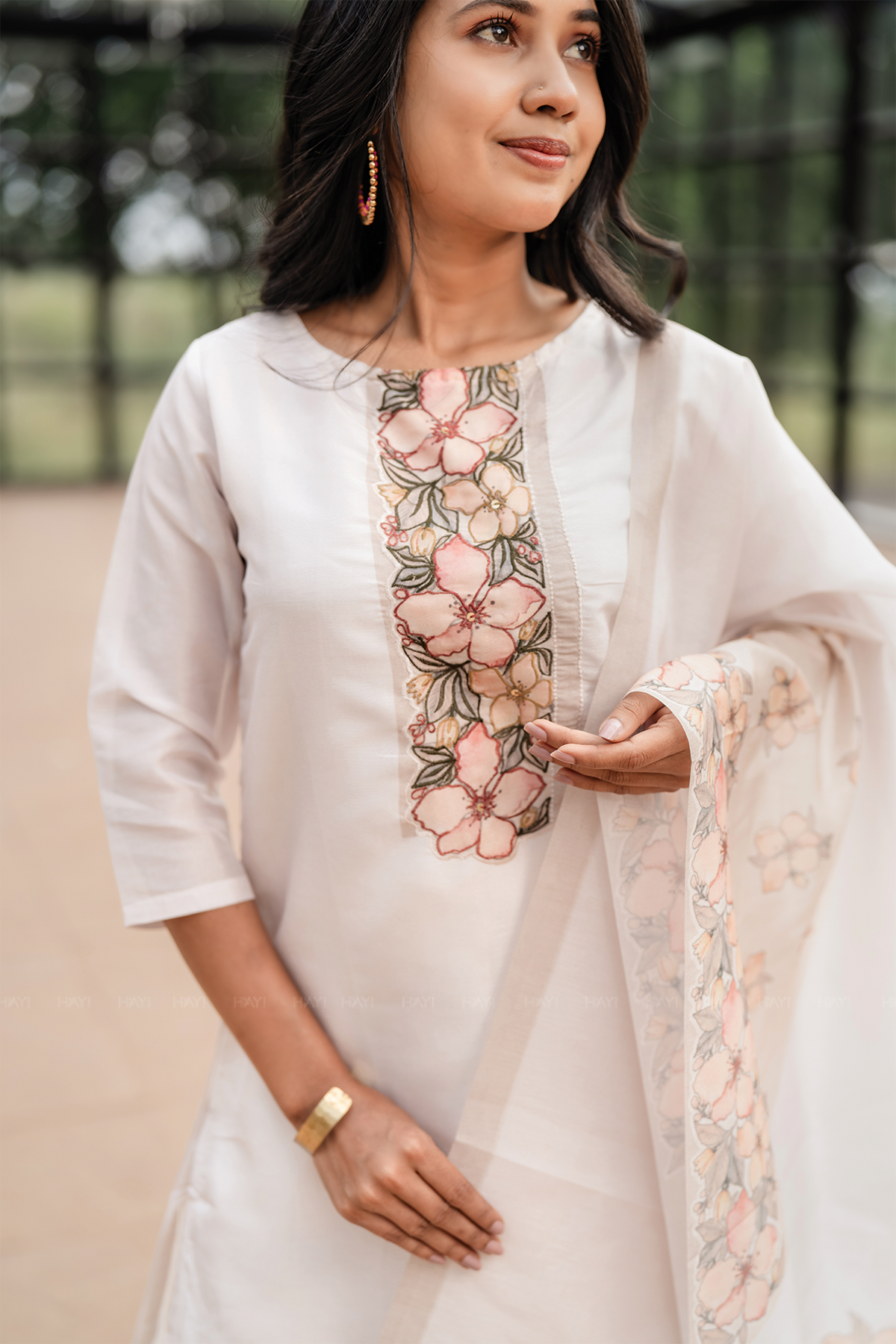 Lavira petal Off-White 3 Piece Silk Blend Embroidery Kurta with Pant & Dupatta