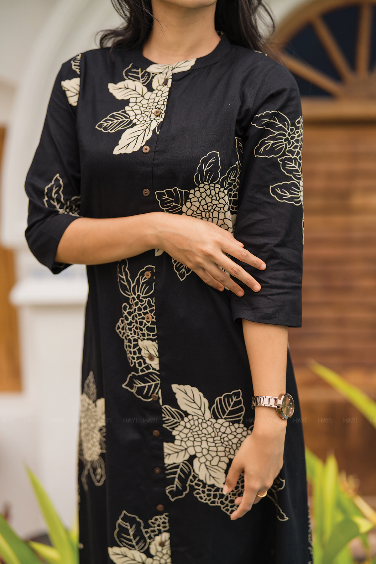 Golden Dusk Black Cotton Linen Co-ord with Chinese Collar & 3/4th Sleeves
