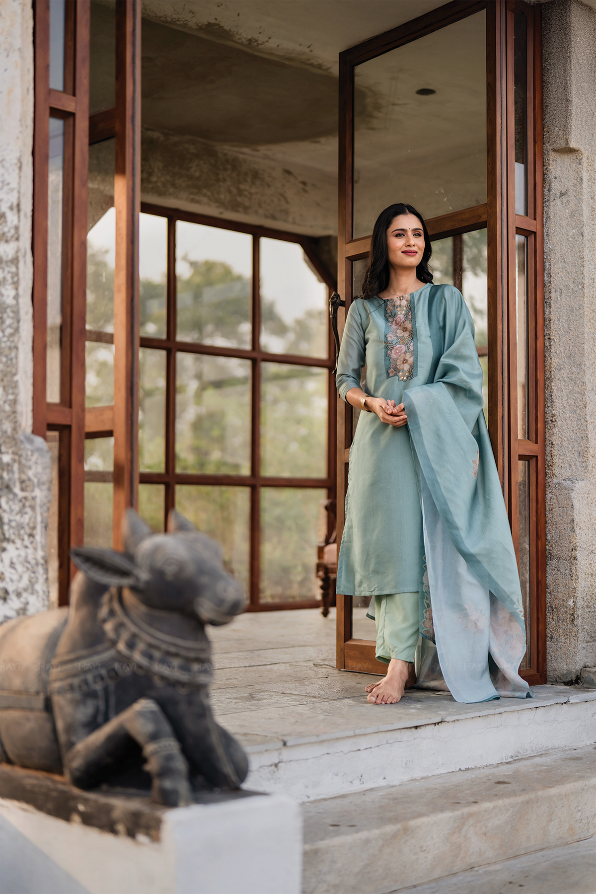 Rustic Charm Green 3 Piece Shimmer Tissue Blend Embroidered & Printed Kurta with Pant & Dupatta