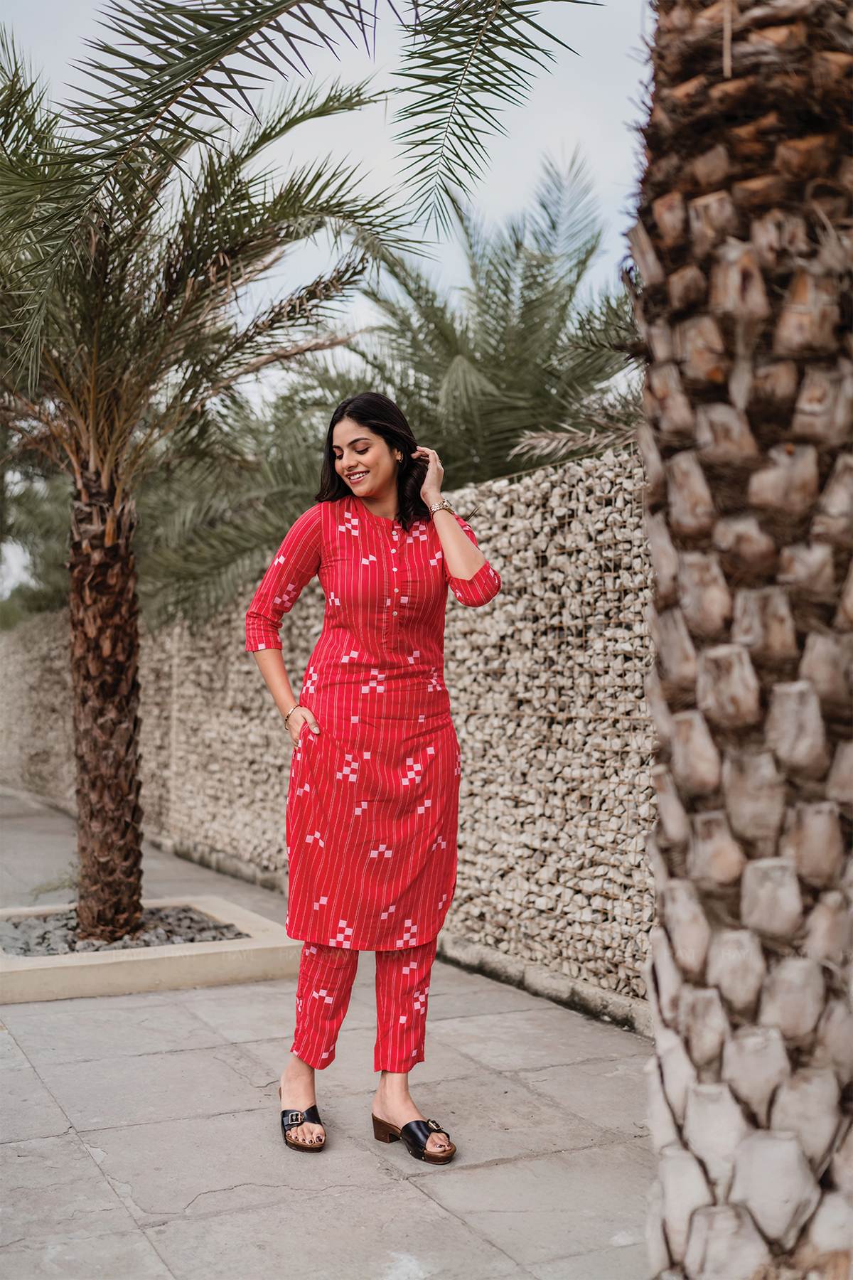 Blush Streak Red Viscose Co-ord with Chinese Collar & 3/4th Sleeves