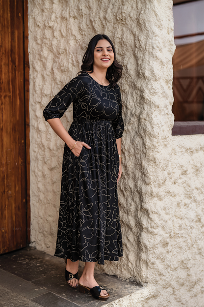 Dusklure Black Viscose Dress with Boat Neck & 3/4th Sleeves