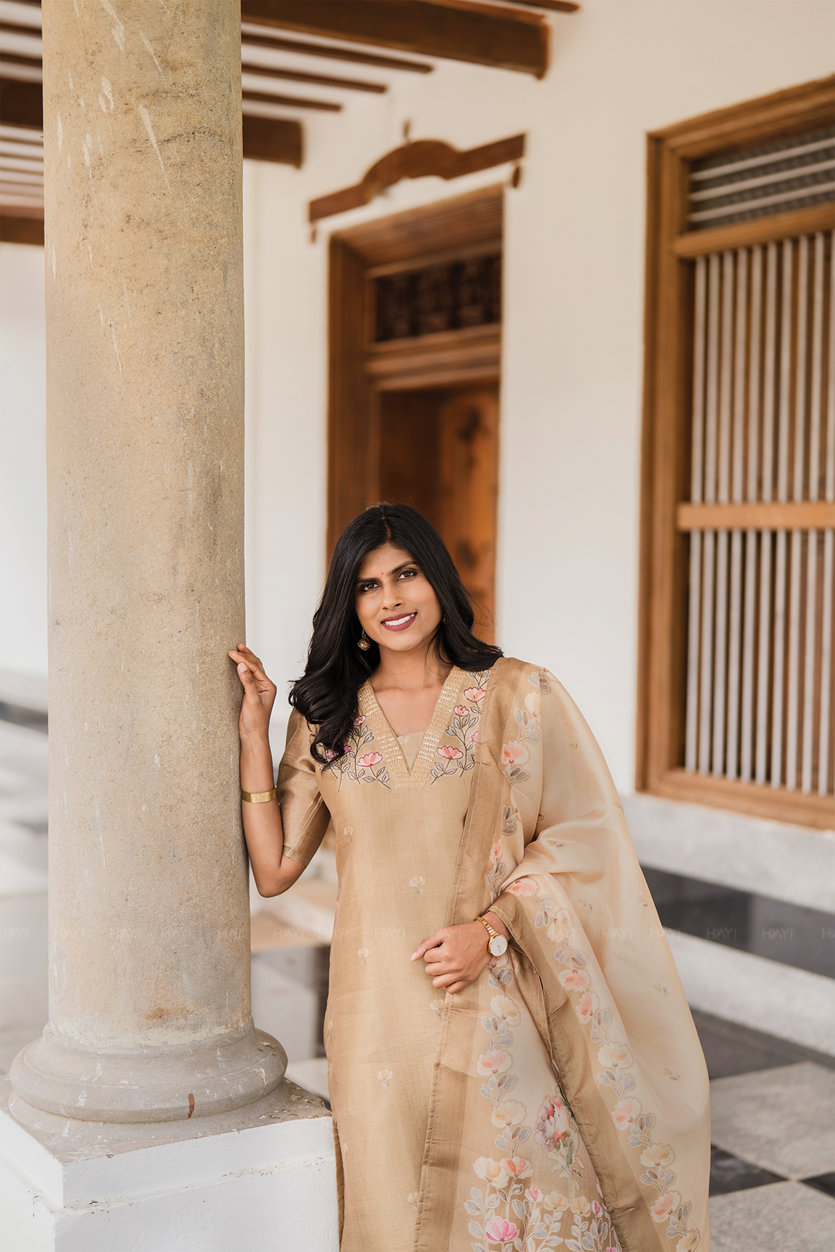 Classic Natural Yellow 3-Piece Tussar Silk Blend Floral Hand-Embroidered Kurta with Pant & Dupatta