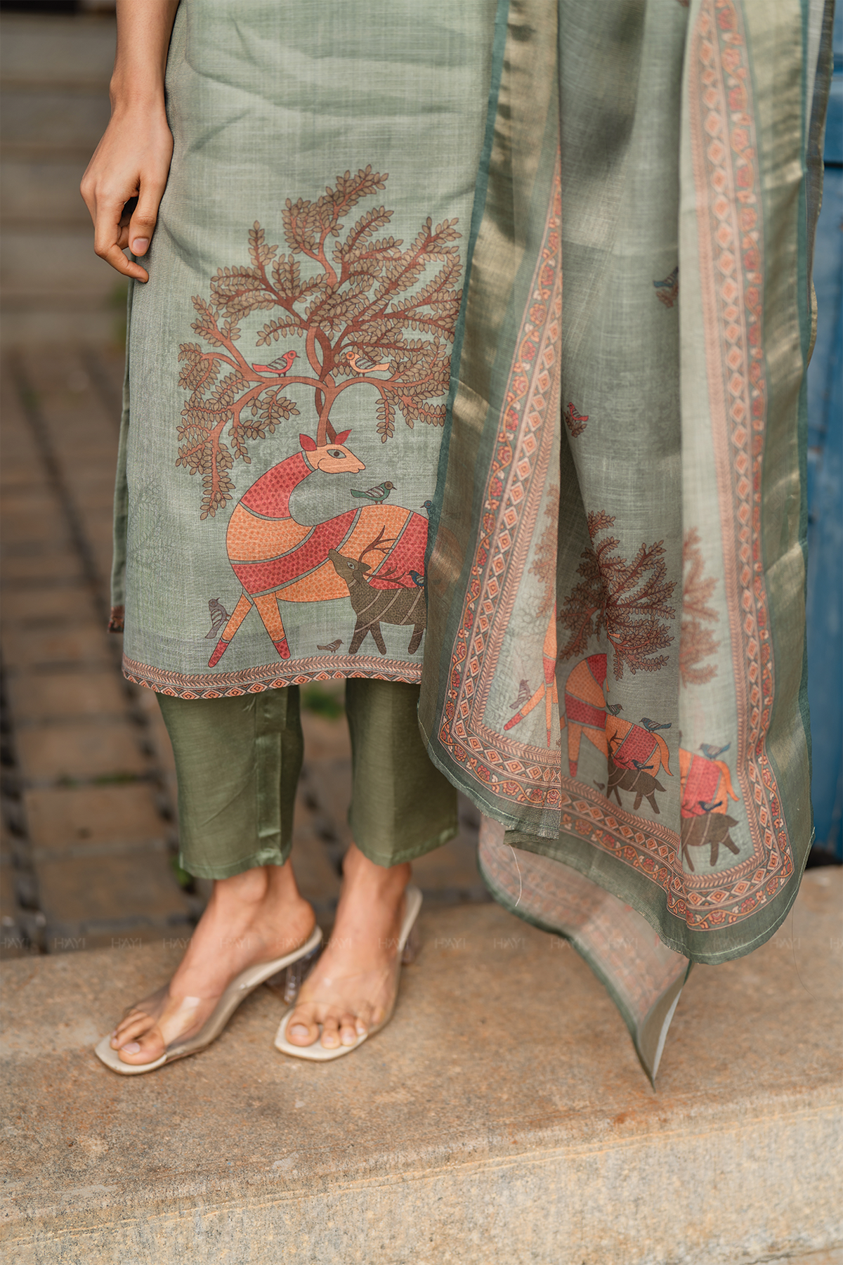 Mirga Green 3 Piece Linen Blend Printed Kurta with Pant & Dupatta