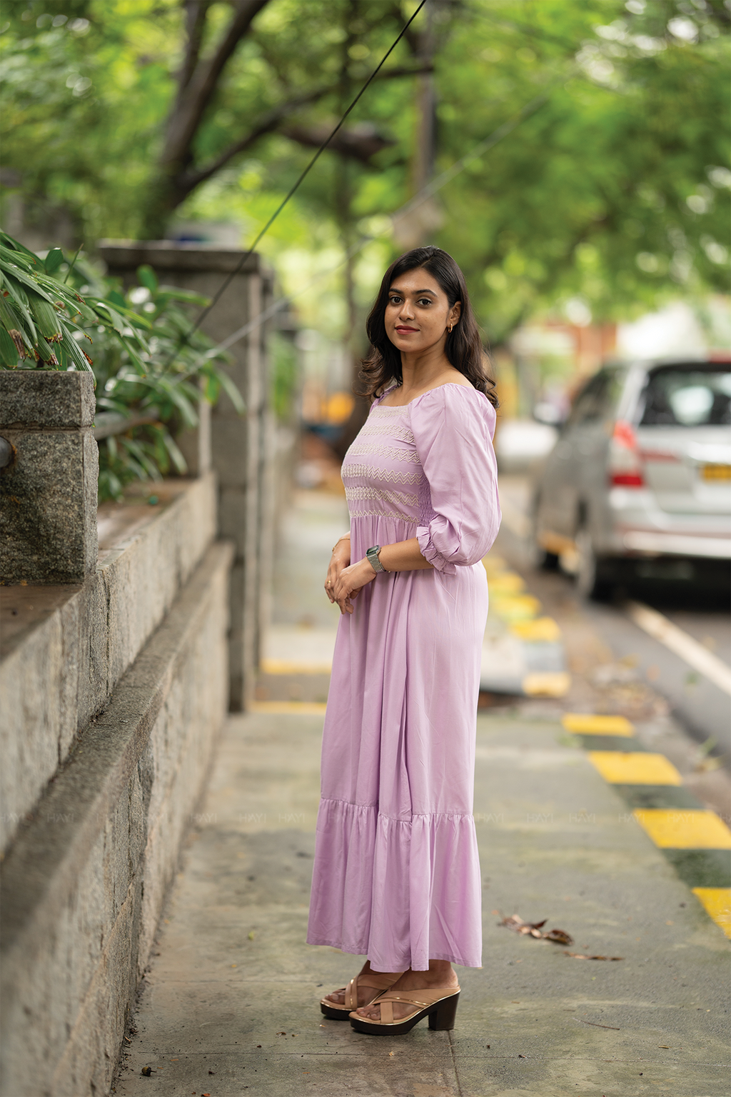 Lavender Fantasy Viscose Dress with Shoulder Elastic & Embroidery
