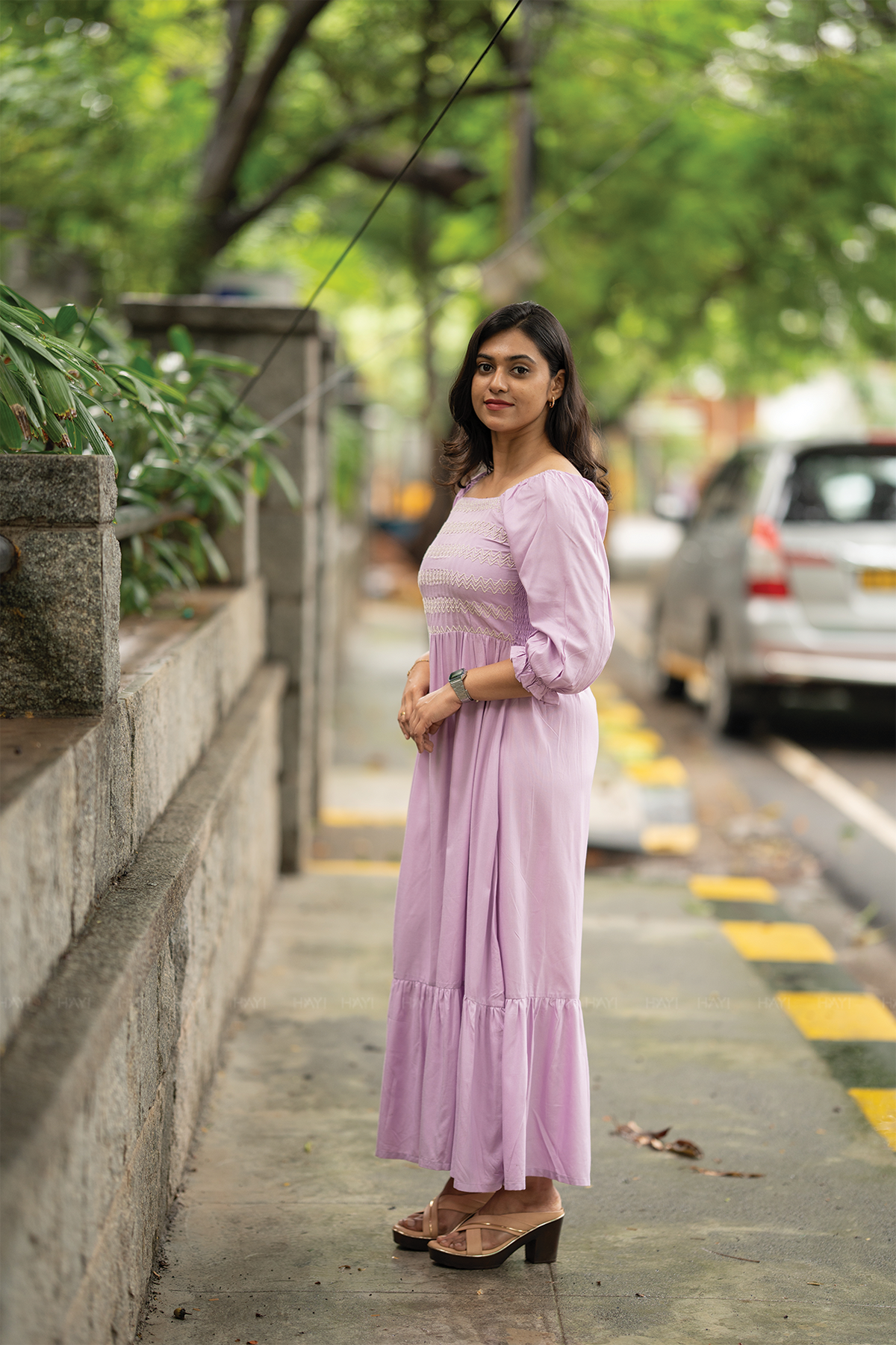 Lavender Fantasy Viscose Dress with Shoulder Elastic & Embroidery