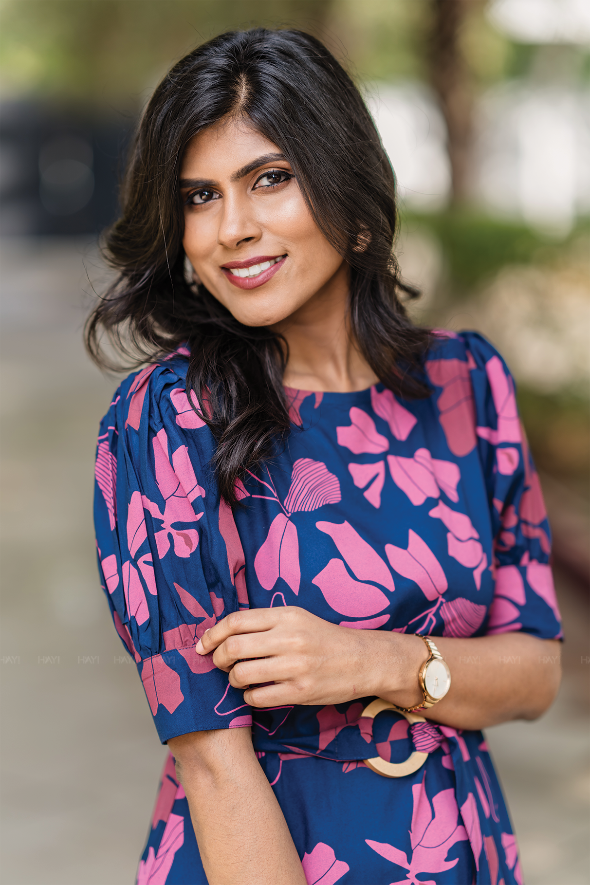 Berry Noir Blue Viscose Dress with Puff Sleeves & Belt